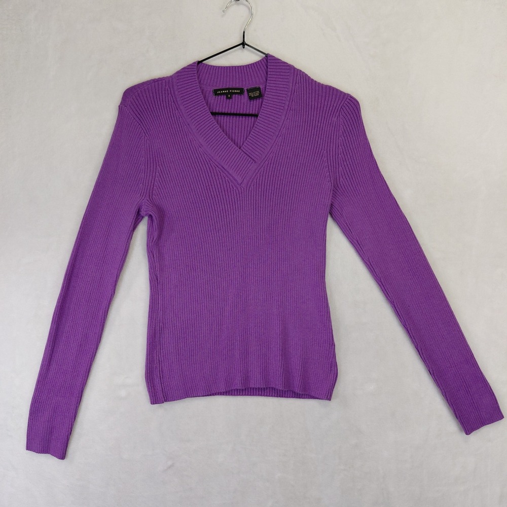 Jeanne Pierre Womens Purple Ribbed V-Neck Cotton Long Sleeve Sweater Small